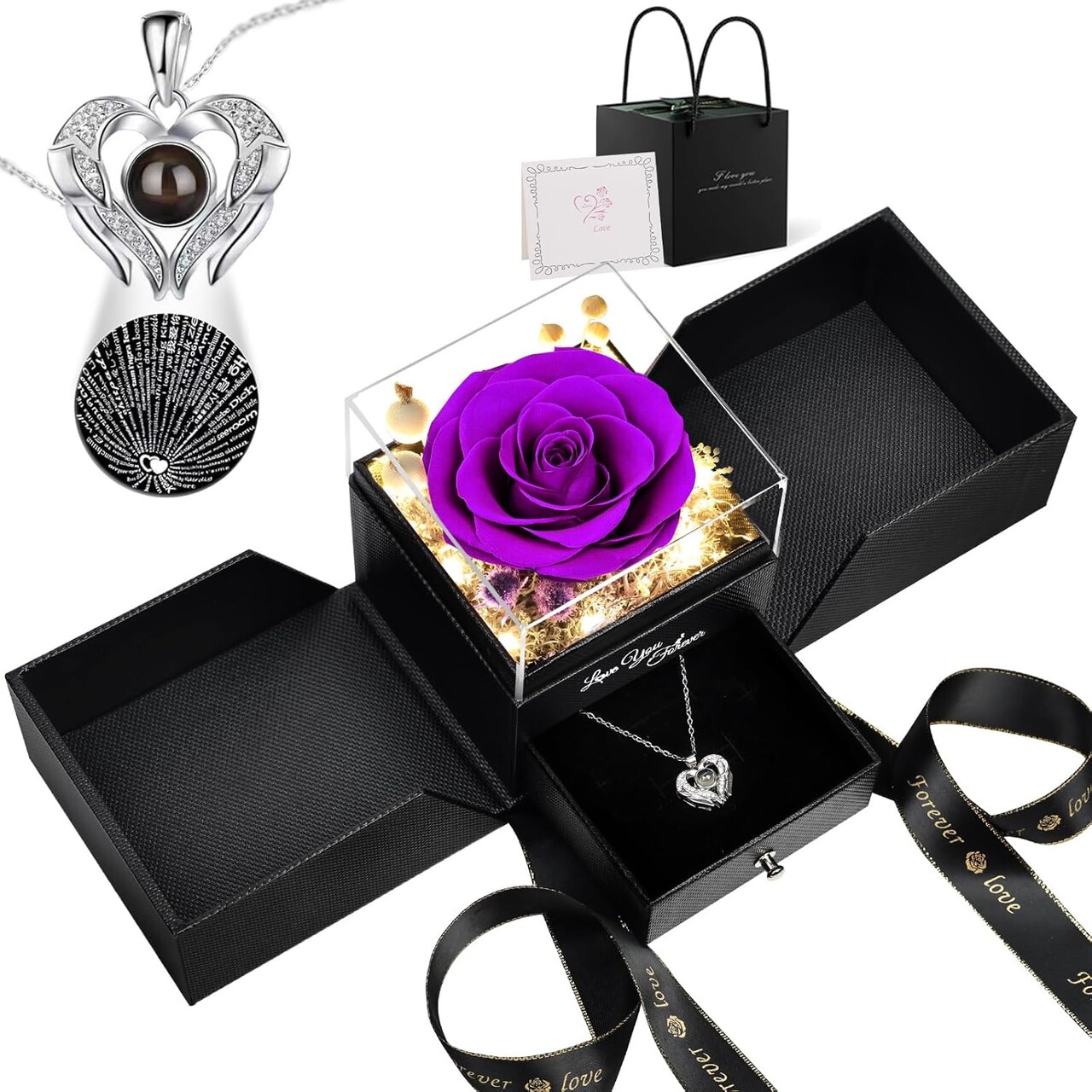 Gifts for Women Preserved Rose with Necklace (Purple) 3.74"D x 3.43"W x 4.13"H